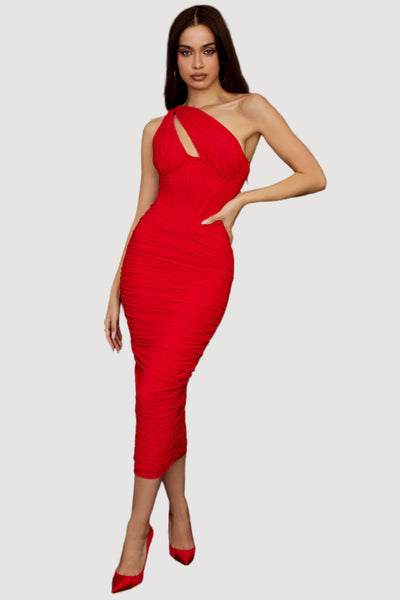 Women’s Midi Dress – Slim Fit – Asymmetric Neckline – Ruched – Corset Detail