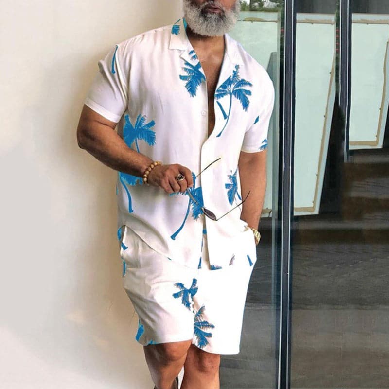 Men's Shirt and Shorts Set – Relaxed Fit – Breathable Blend – Tropical Print – Notch Collar
