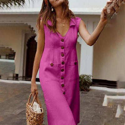 Women’s Midi Dress – Sleeveless – Relaxed Fit – Button Front – Natural Fibers – V-Neck