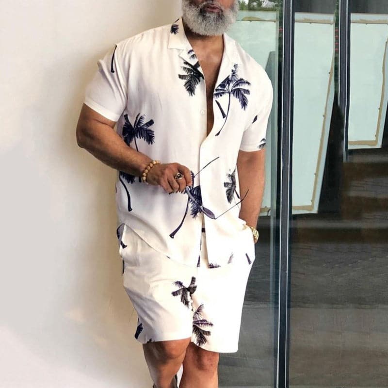 Men's Shirt and Shorts Set – Relaxed Fit – Breathable Blend – Tropical Print – Notch Collar