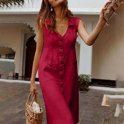 Women’s Midi Dress – Sleeveless – Relaxed Fit – Button Front – Natural Fibers – V-Neck