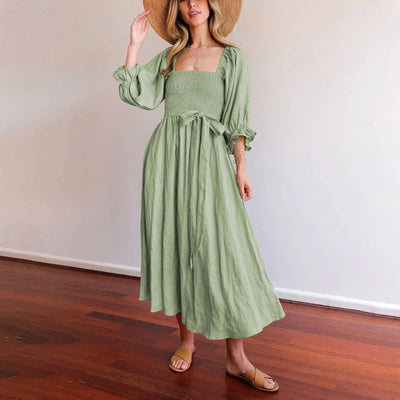 Women's Midi Dress - Twist-Knot Front - Puff Sleeves - Deep V-Neck - Ruched Waist