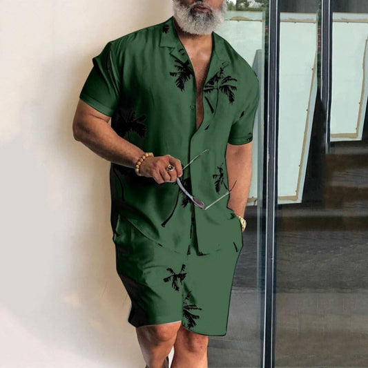 Men's Shirt and Shorts Set – Relaxed Fit – Breathable Blend – Tropical Print – Notch Collar