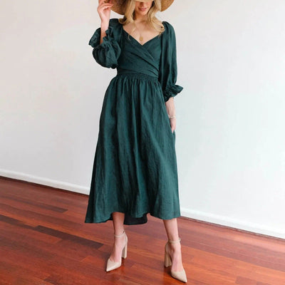 Women's Midi Dress - Twist-Knot Front - Puff Sleeves - Deep V-Neck - Ruched Waist