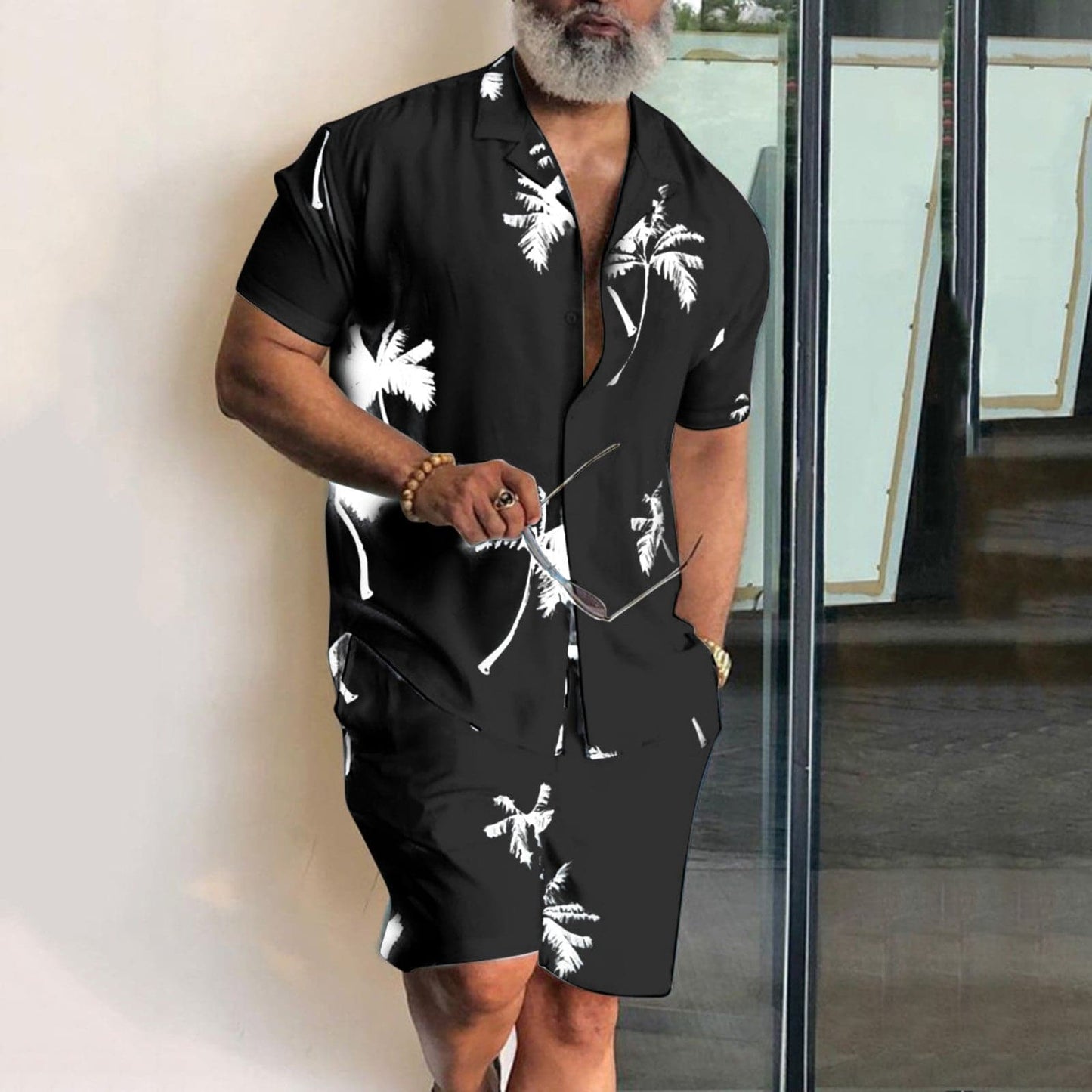 Men's Shirt and Shorts Set – Relaxed Fit – Breathable Blend – Tropical Print – Notch Collar