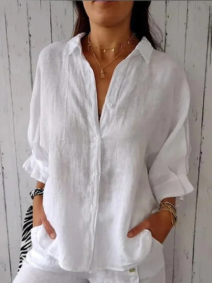 Women’s Button-Up Shirt – Relaxed Fit – Long Sleeve – Pointed Collar