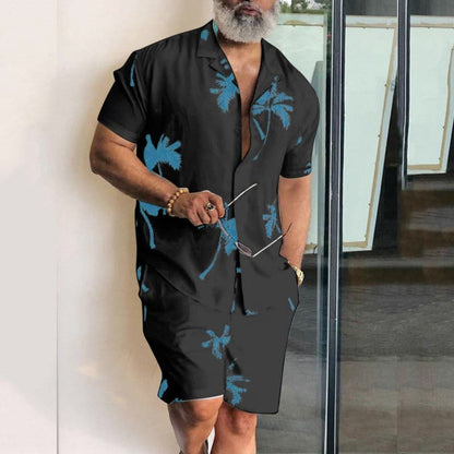 Men's Shirt and Shorts Set – Relaxed Fit – Breathable Blend – Tropical Print – Notch Collar