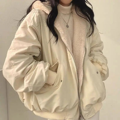 Women’s Bomber Jacket – Oversized Relaxed Fit – Plush Hood – Zip Front – Utility Pockets
