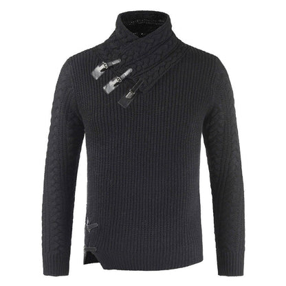 Men’s Pullover Sweater – Slim Fit – Wool Blend – Asymmetric Neckline – Buckle Detail