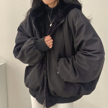 Women’s Bomber Jacket – Oversized Relaxed Fit – Plush Hood – Zip Front – Utility Pockets