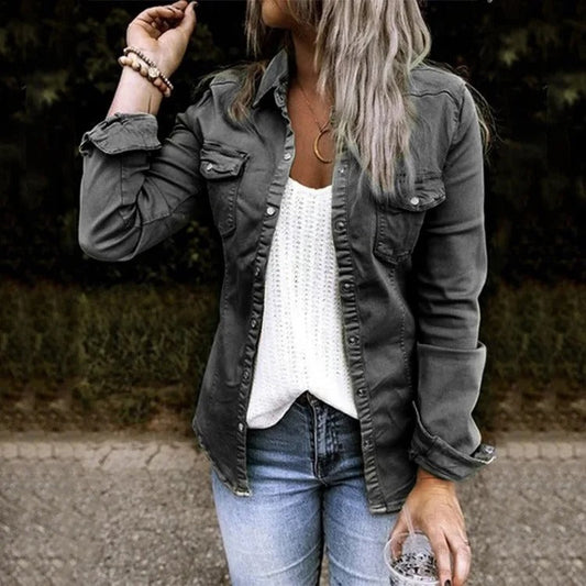 Women’s Denim Jacket – Tailored Fit – Button Front – Chest Pockets – Breathable Layer
