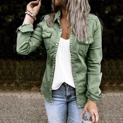 Women’s Denim Jacket – Tailored Fit – Button Front – Chest Pockets – Breathable Layer