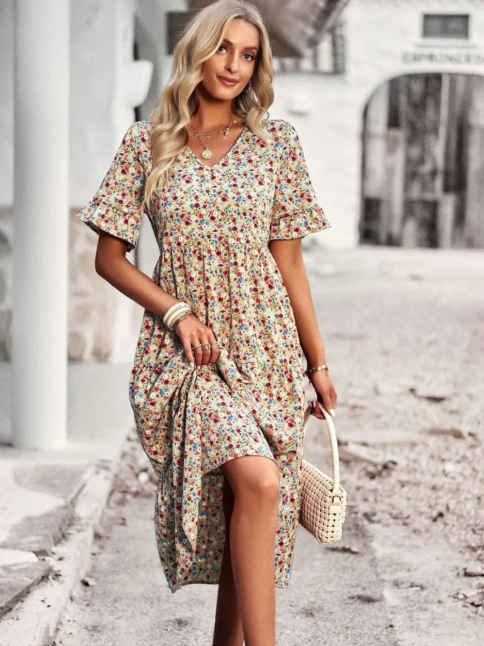 Women's Midi Dress - V-Neck Empire Waist - Short Ruffled Sleeves - Floral Print