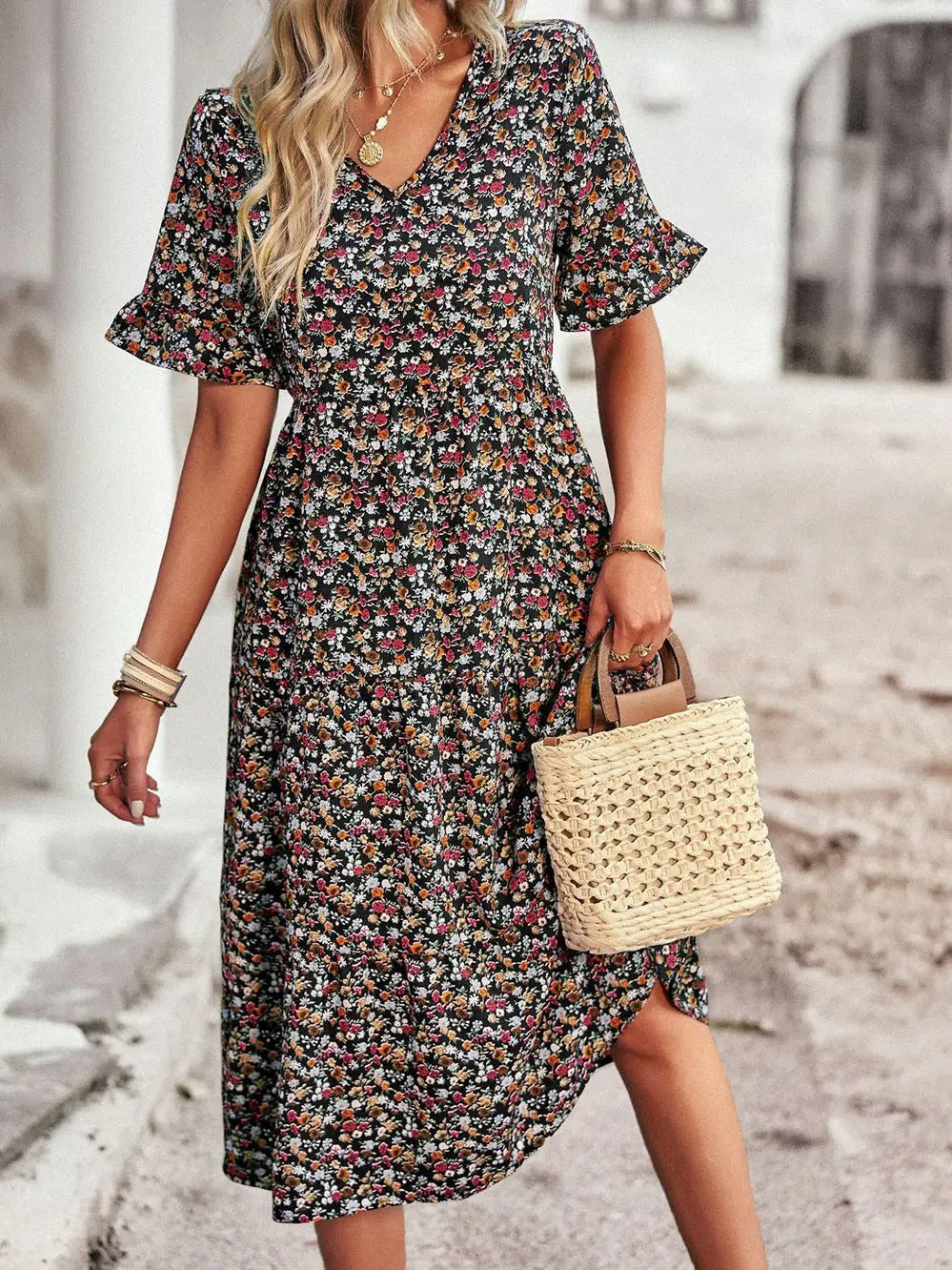 Women's Midi Dress - V-Neck Empire Waist - Short Ruffled Sleeves - Floral Print