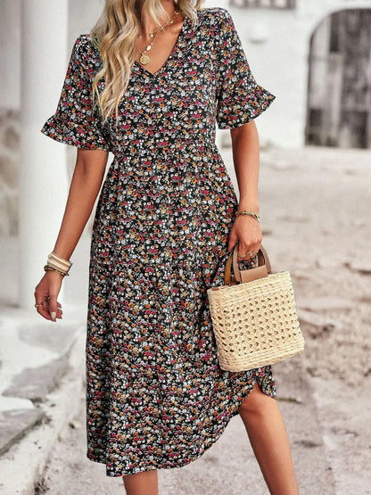 Women's Midi Dress - V-Neck Empire Waist - Short Ruffled Sleeves - Floral Print