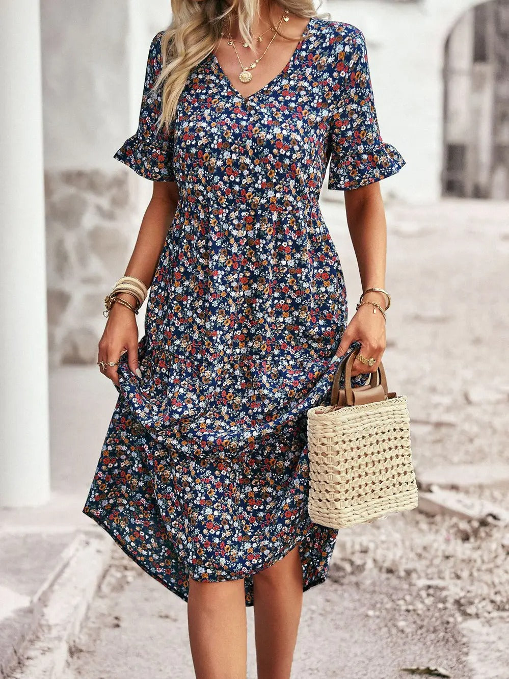 Women's Midi Dress - V-Neck Empire Waist - Short Ruffled Sleeves - Floral Print
