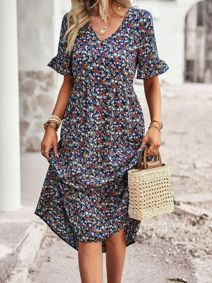 Women's Midi Dress - V-Neck Empire Waist - Short Ruffled Sleeves - Floral Print