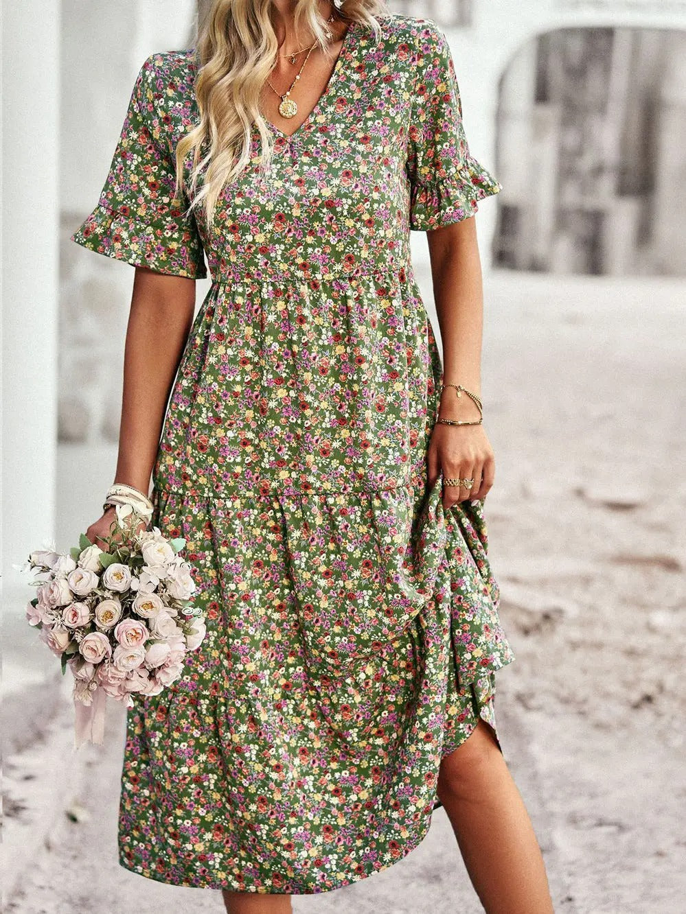 Women's Midi Dress - V-Neck Empire Waist - Short Ruffled Sleeves - Floral Print