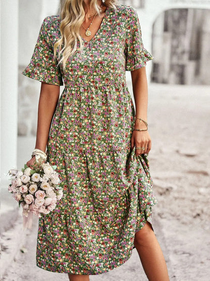 Women's Midi Dress - V-Neck Empire Waist - Short Ruffled Sleeves - Floral Print
