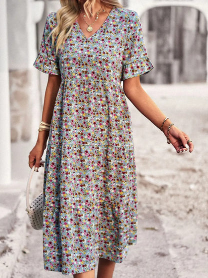 Women's Midi Dress - V-Neck Empire Waist - Short Ruffled Sleeves - Floral Print