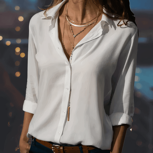 Women’s Chiffon Blouse – Relaxed Fit – Button-Up Front – 3/4 Sleeve – Pointed Collar