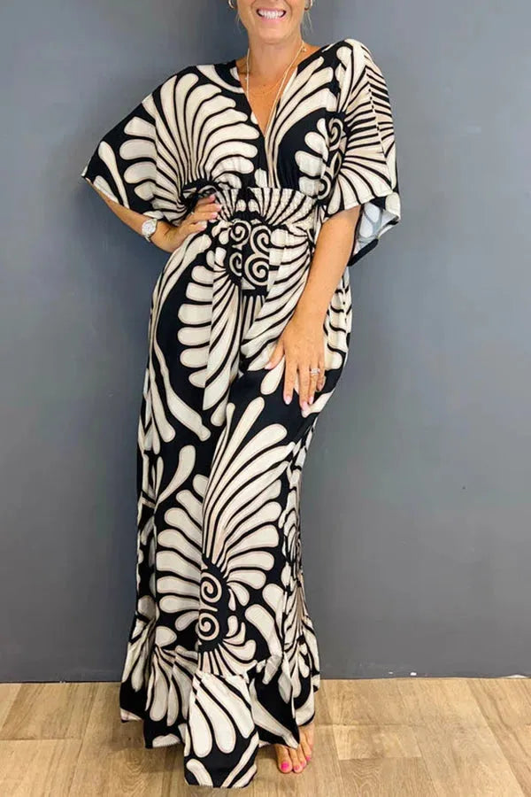 Women's Jumpsuit - Wide Leg Flowing Fit - V-Neck Cinched Waist - Elegant Pattern