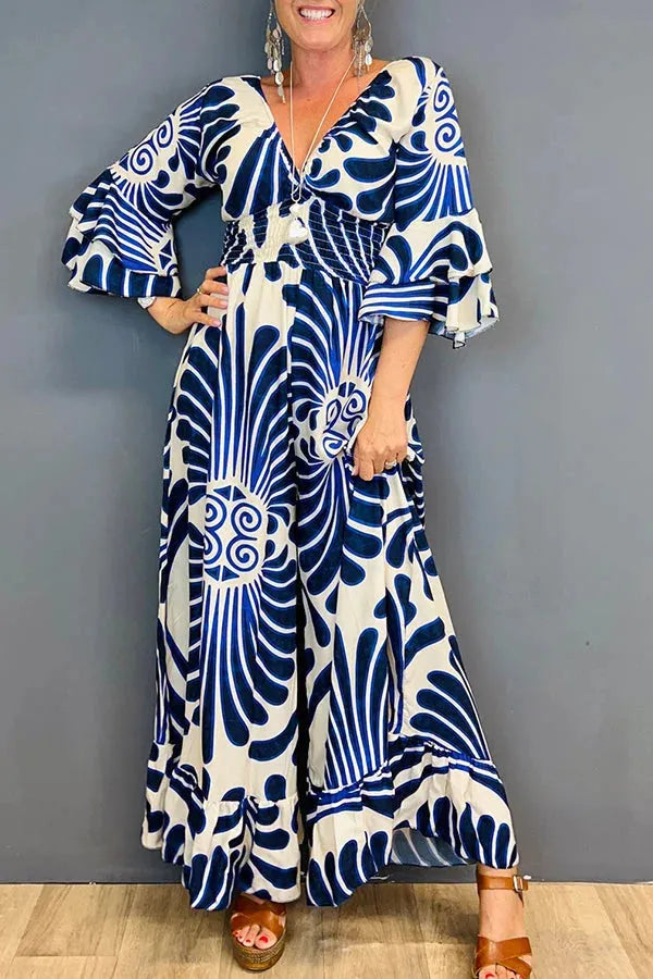 Women's Jumpsuit - Wide Leg Flowing Fit - V-Neck Cinched Waist - Elegant Pattern