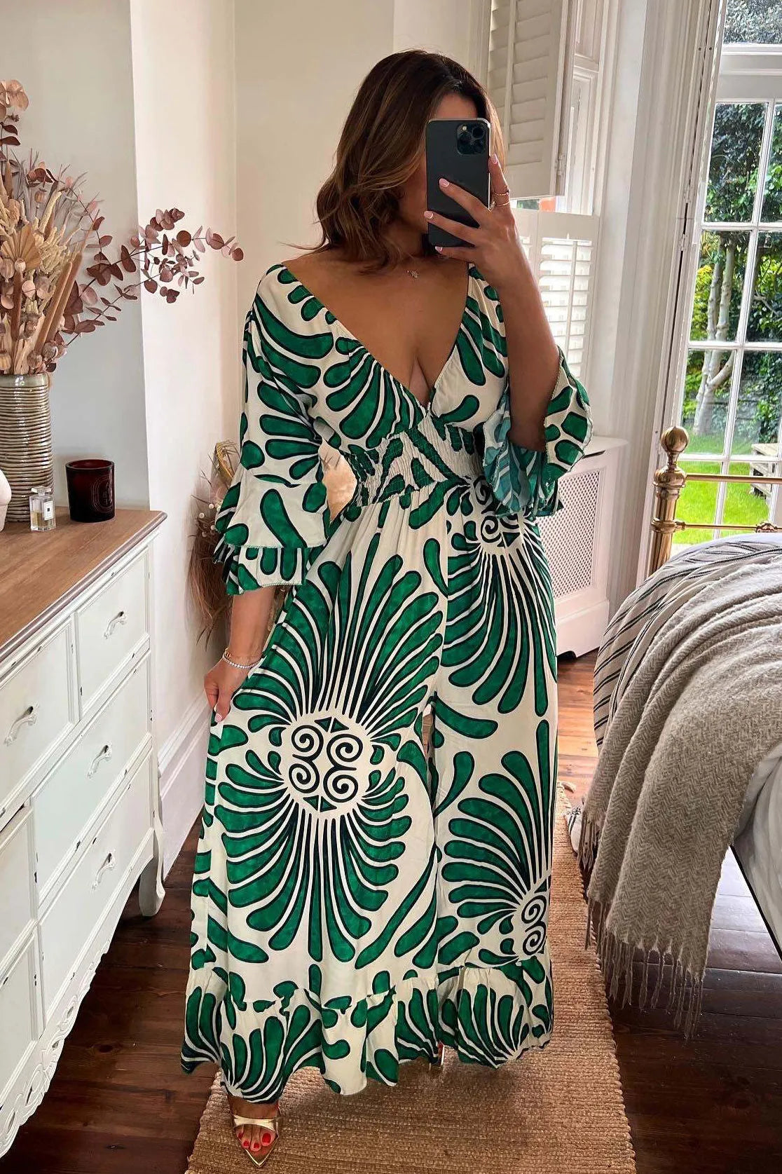 Women's Jumpsuit - Wide Leg Flowing Fit - V-Neck Cinched Waist - Elegant Pattern
