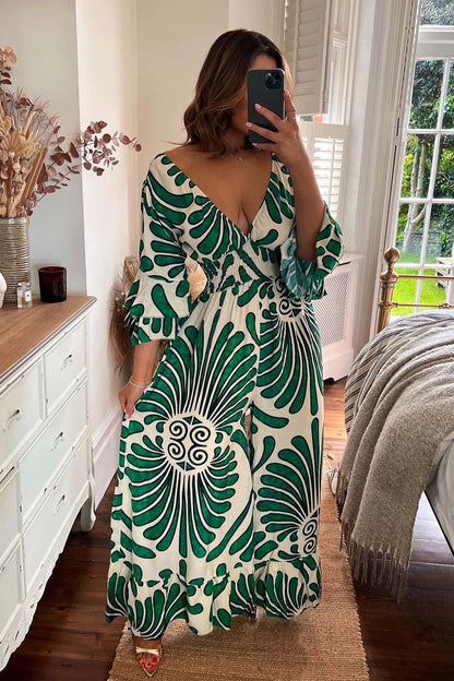 Women's Jumpsuit - Wide Leg Flowing Fit - V-Neck Cinched Waist - Elegant Pattern