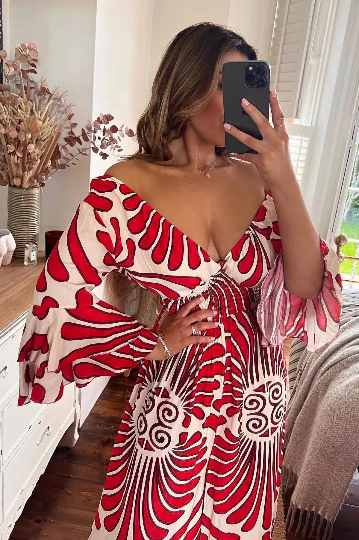 Women's Jumpsuit - Wide Leg Flowing Fit - V-Neck Cinched Waist - Elegant Pattern