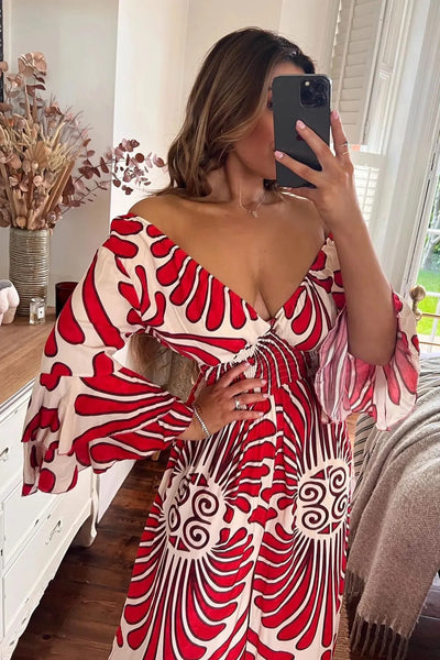 Women's Jumpsuit - Wide Leg Flowing Fit - V-Neck Cinched Waist - Elegant Pattern