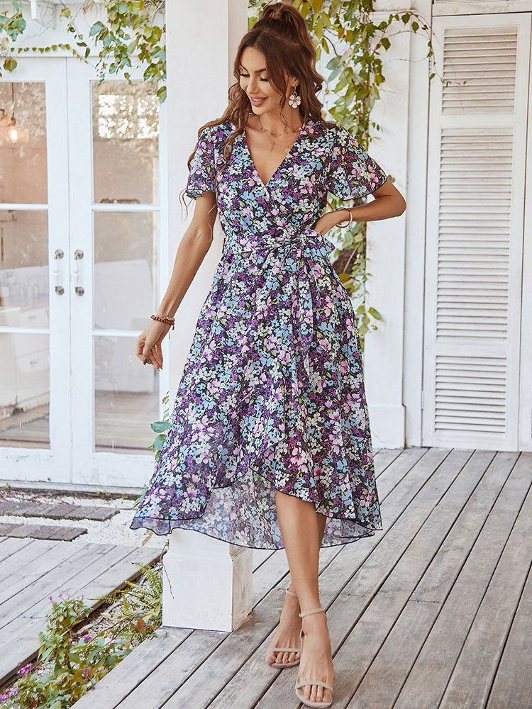 Women's Wrap Midi Dress - V-Neck - Short Flutter Sleeves - Asymmetrical Hem