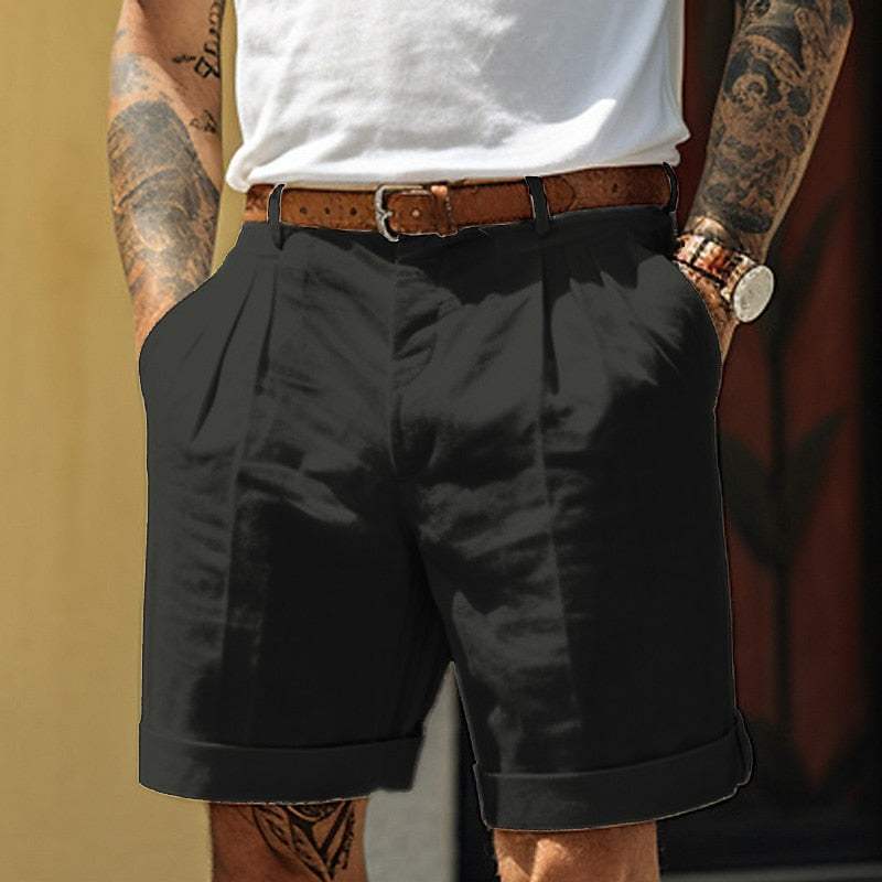 Men’s Tailored Shorts - Cotton Linen Blend - Pleated Front - Cuffed Hem - Breathable Fabric