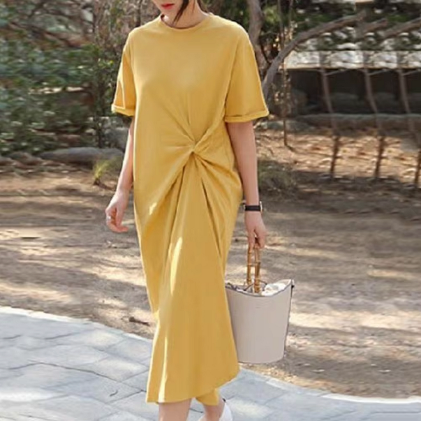 Women's Midi Dress - Short Sleeve - Round Neck - Ruched Side Detail - Relaxed Fit