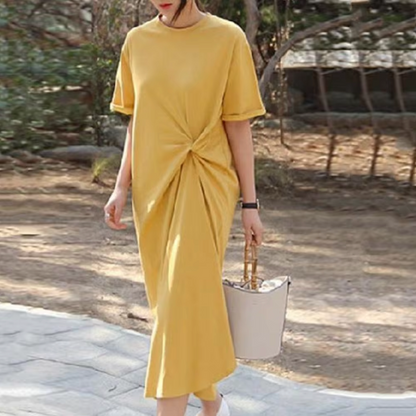 Women's Midi Dress - Short Sleeve - Round Neck - Ruched Side Detail - Relaxed Fit