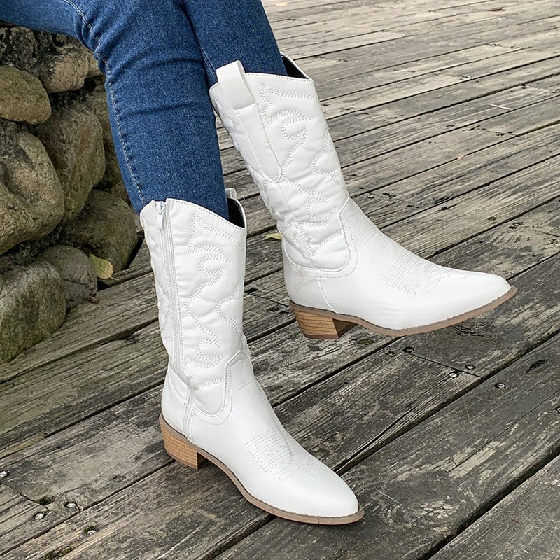 Women’s Cowboy Boots – Mid Calf – Western Stitching – Pointed Toe – Side Zipper Pull Tabs