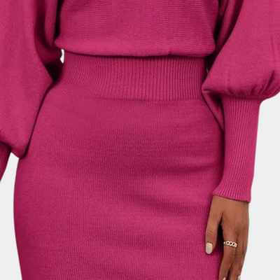Women’s Knit Co-ord Set – Boat Neck Top with Batwing Sleeves – High-Waisted Midi Skirt