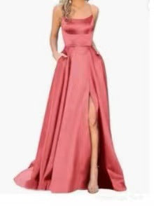 Women’s Maxi Dress – Slim Fit Bodice – Flowing Skirt – Spaghetti Straps – Side Slit
