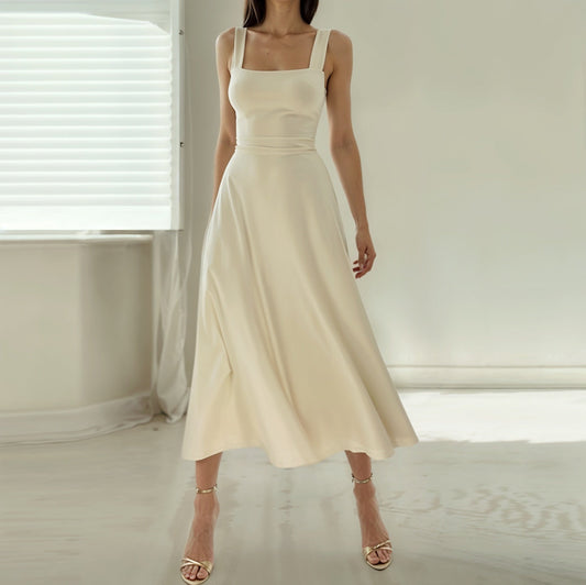 Women’s Midi Dress – Slim Fit Bodice – Square Neck – Flared Hem