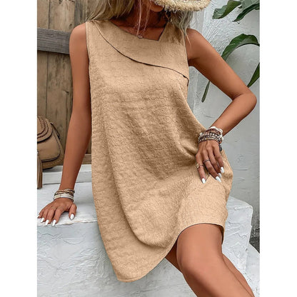Women's Sleeveless Dress - A-Line Relaxed Fit - Asymmetrical Neckline - Textured Fabric