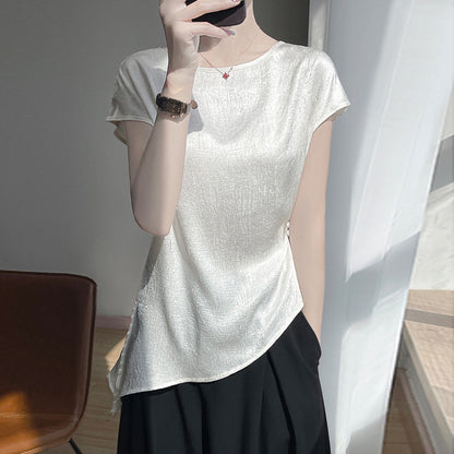 Women’s Short Sleeve Blouse - Asymmetrical Hem - Elegant Casual Top