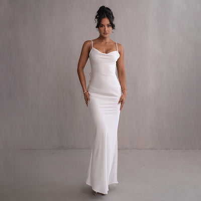 Women's Evening Prom Gown Dress - Satin Floor-Length - Backless Floral Appliqué - Form-Fitting