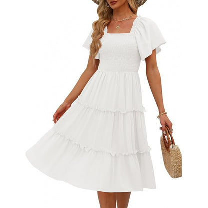 Women's Midi Dress - Smocked Bodice - Ruffled Hem - Lightweight Elegant Fit