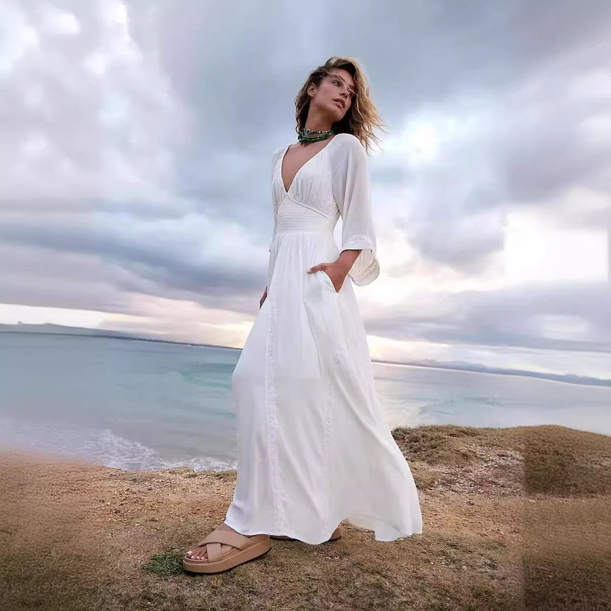 Women’s Maxi Dress – Cotton Blend – Relaxed Fit – V-Neck – Empire Waist – Boho Style