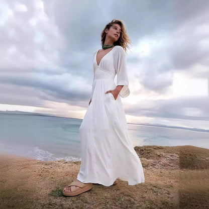 Women’s Maxi Dress – Cotton Blend – Relaxed Fit – V-Neck – Empire Waist – Boho Style