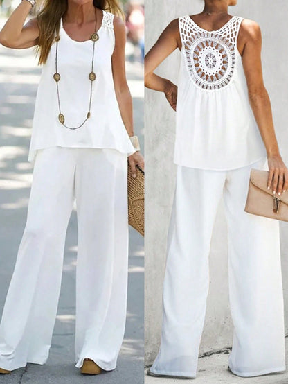 Women’s Summer Set – Sleeveless Crochet Top & Flowy Wide-Leg Pants – Casual Two-Piece Outfit