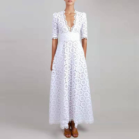 Women’s Maxi Dress – Lace A-Line Fit – V-Neck – Mid Sleeve – Scalloped Detail