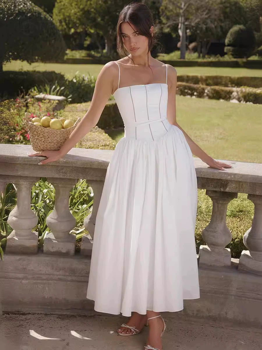 Women's Midi Dress - A-Line Silhouette - Spaghetti Straps - Sweetheart Neckline