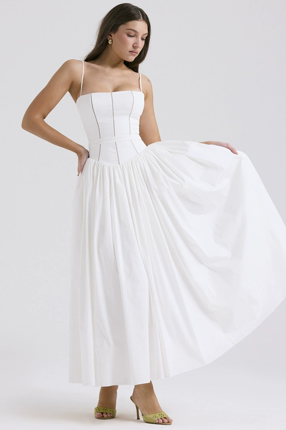 Women's Midi Dress - A-Line Silhouette - Spaghetti Straps - Sweetheart Neckline