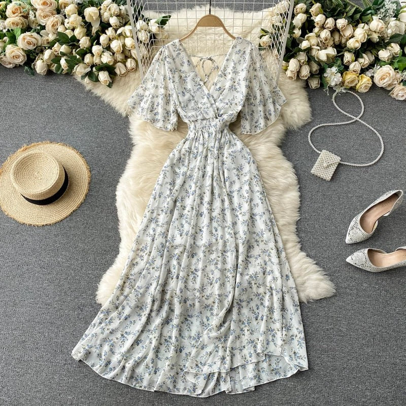 Women's Maxi Dress - V-Neck Shirred Waist - Short Flowing Sleeves - Elegant Fit